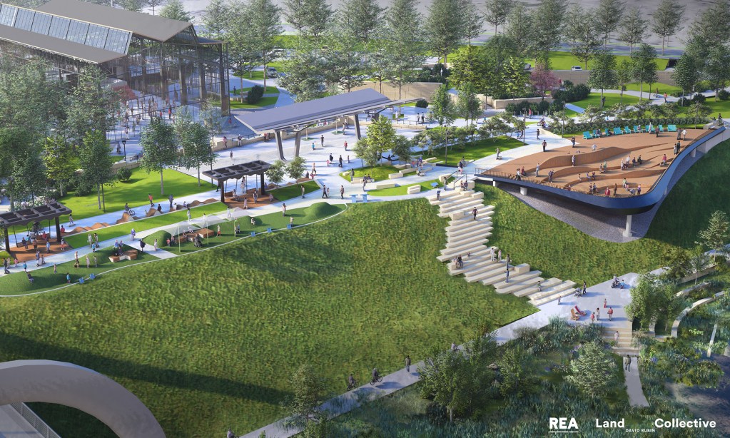 Renderings of a planned expansion of White River State Park show an event pavilion, green space, a promenade and a”river theater” overlook of the White River. The state abandoned the project in February.