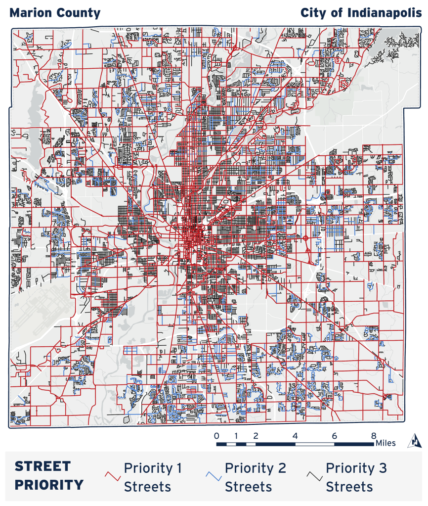 A map of the city's street network shows which roads are prioritized for snow removal during a winter storm.