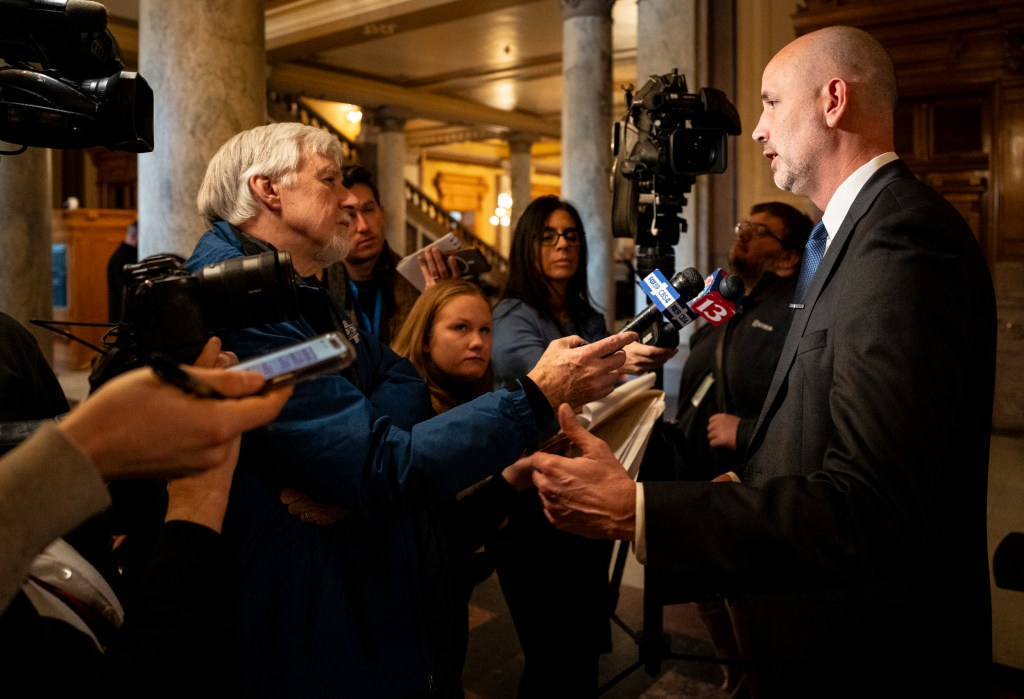 Marion County prosecutor Ryan Mears announces he is running for reelection during a press conference on Jan. 27, 2026, at the Indiana Statehouse in Indianapolis.