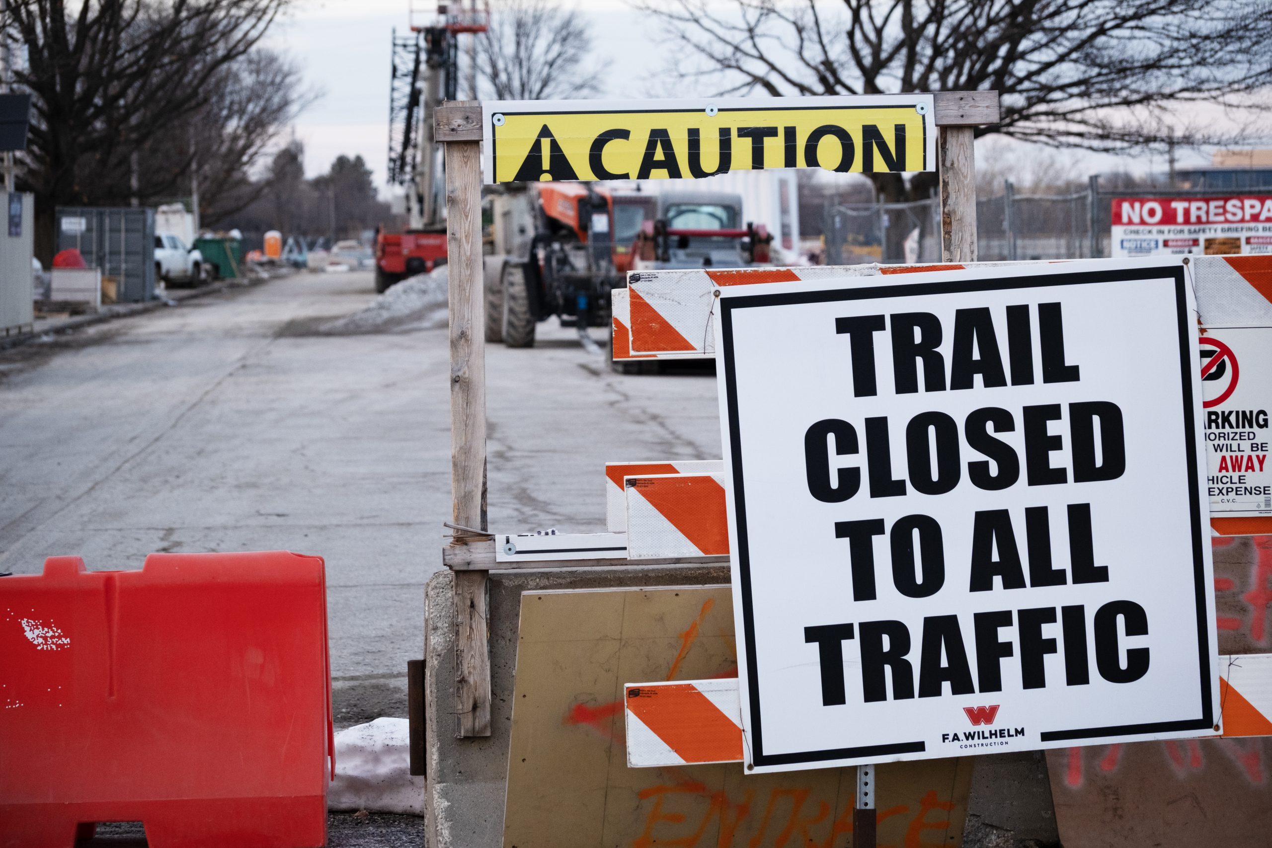 A sign near the Henry Street Bridge construction site Feb. 12, 2026.
