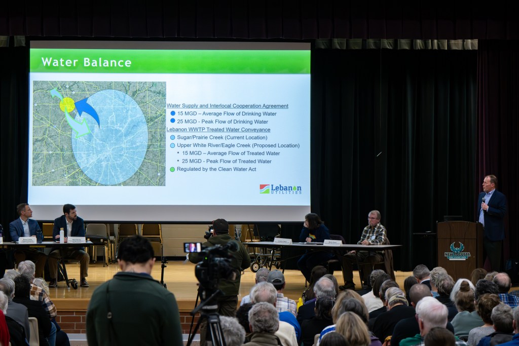 Bob Holden, Wessler Engineering, far right, addresses community members gathered Feb. 10, 2026, in the auditorium at New Augusta Public Academy to discuss concerns about the impact of Lebanon’s LEAP project on water leaving and returning to the Eagle Creek Reservoir.