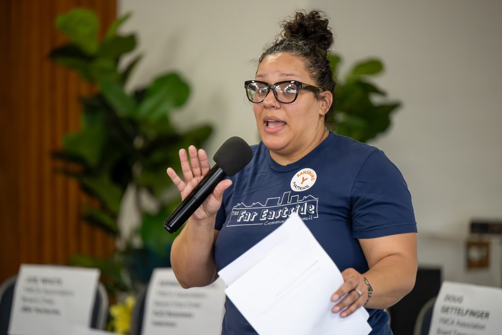 Samantha Douglas, an organizer for the event, speaks at a town hall on the closure of the Ransburg YMCA March 26, 2026, at Amazing Grace Christian Church.