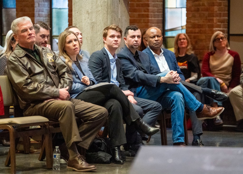 (From left) Marion County Sheriff Kerry Forestal, City-County Councilor Brienne Delaney, City-County Councilor Nick Roberts, state Sen. Fady Qaddoura and City-County Councilor Vop Osili attend Indy Action Coalition’s public action meeting on March 12, 2026, at St. Luke’s United Methodist Church in Indianapolis.