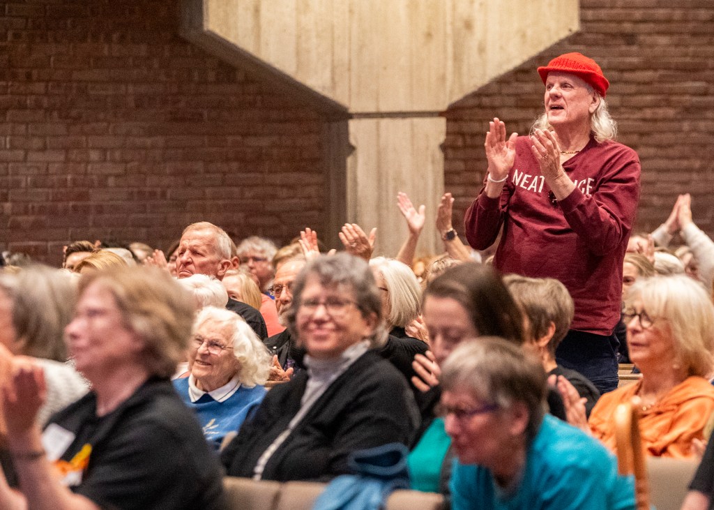 Tom Vandevender reacts after the speeches during the Indy Action Coalition’s public action meeting on March 12, 2026, at St. Luke’s United Methodist Church in Indianapolis.