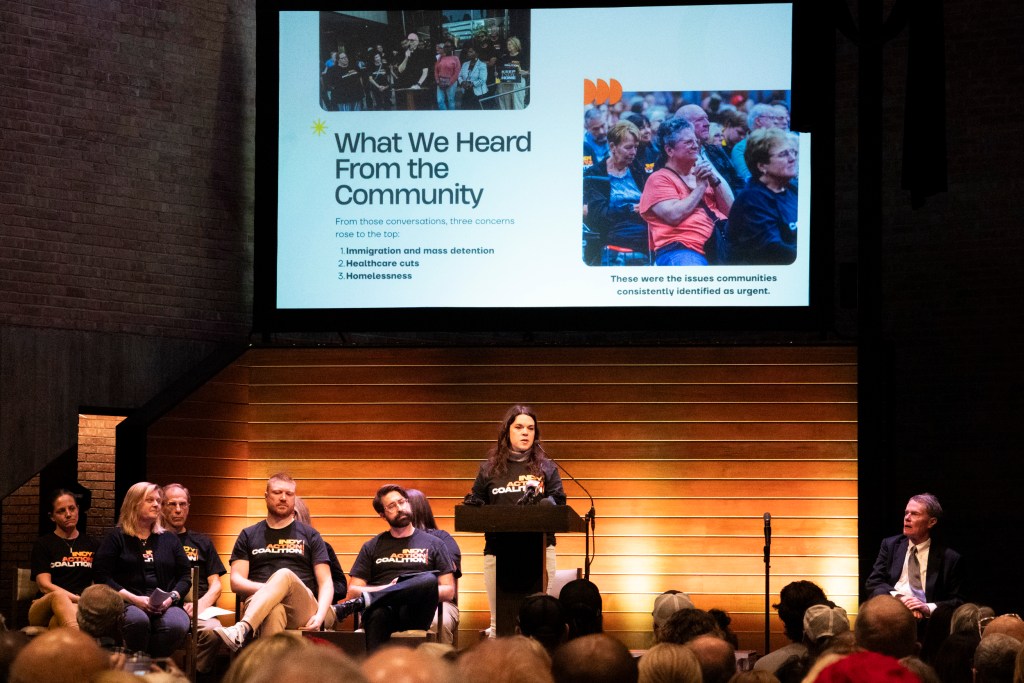 Lauren Lai presents research gathered from community members during the Indy Action Coalition’s public action meeting on March 12, 2026, at St. Luke’s United Methodist Church in Indianapolis.