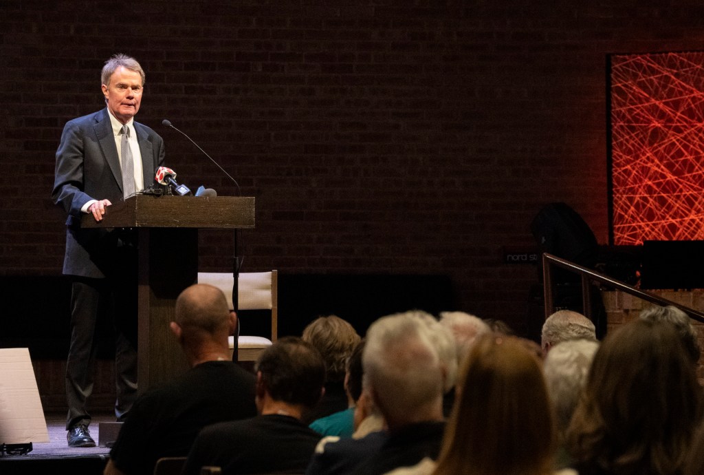 Mayor Joe Hogsett speaks to members of the community during Indy Action Coalition’s public action meeting on March 12, 2026, at St. Luke’s United Methodist Church in Indianapolis.